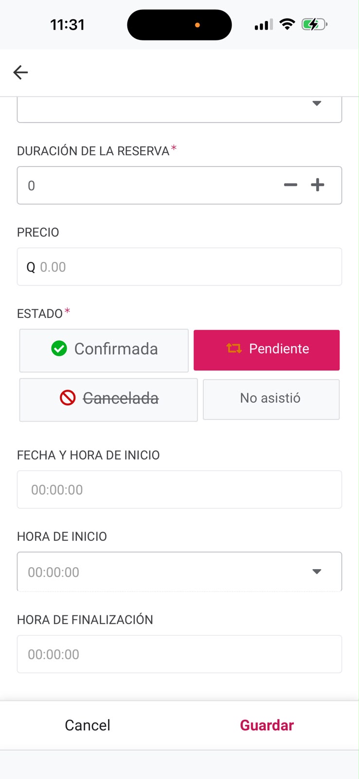 Formulario de nueva reserva