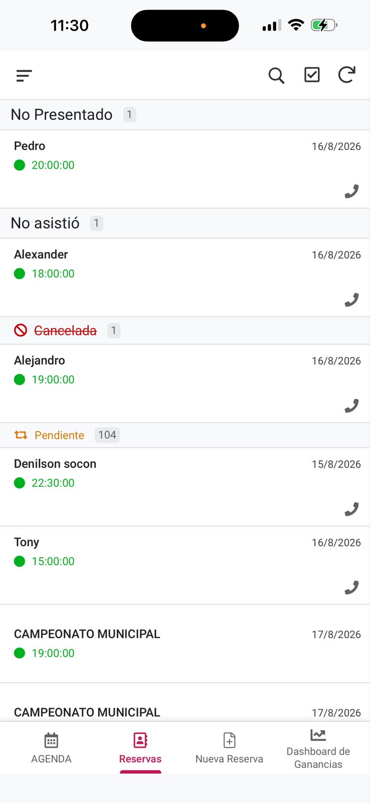 Listado de reservas en SintetiX